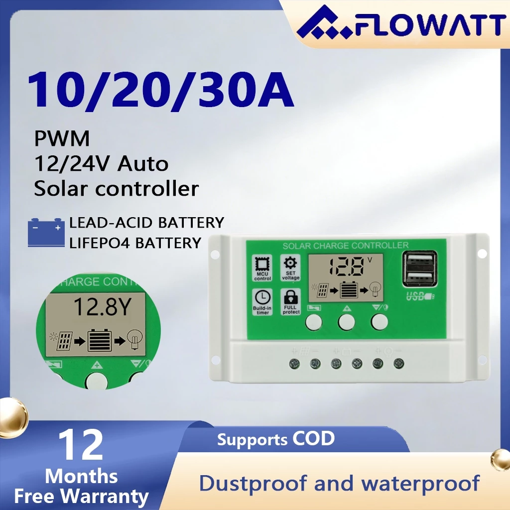 PowMr 30A 20A 10A แผงควบคุมการเก็บประจุพลังงานแสงอาทิตย์ 12V 24V แบตเตอรี่ลิเธียมอัตโนมัติ พร้อมหน้าจอ LCD Dual USB 5V