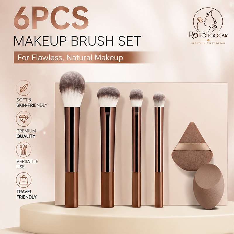 RonShadow ชุดแปรงแต่งหน้า 6 ชิ้นพร้อมฟองน้ำความงาม ขนไนลอนนุ่ม เครื่องมือแต่งหน้าใบหน้าและดวงตาแบบมืออาชีพ ชุดเครื่องสำอางพกพา