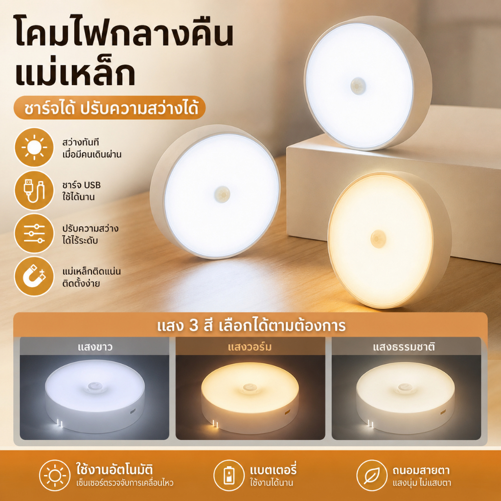 [ส่งไวจากไทย] ไฟกลางคืนที่สะดวกสบาย โคมไฟข้างเตียงเซ็นเซอร์ร่างกายมนุษย์อัจฉริยะ ชาร์จใหม่ได้ อายุการใช้งานแบตเตอรี่ที่ยาวนานเป็นพิเศษ