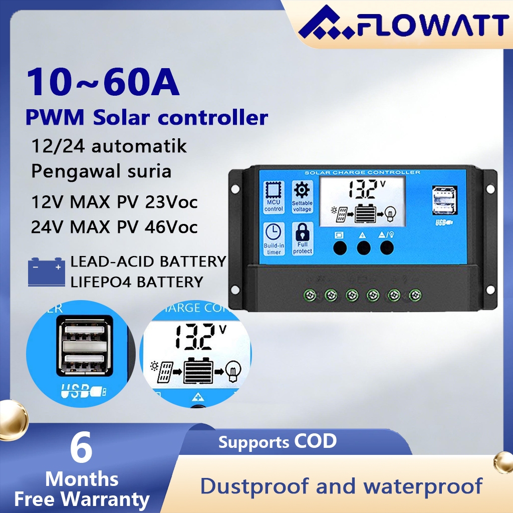 PowMr PWM 10A 20A 30A ตัวควบคุมเครื่องชาร์จพลังงานแสงอาทิตย์ 12V 24V หน้าจอ LCD USB คู่ สําหรับอินพุต Max 50V PV