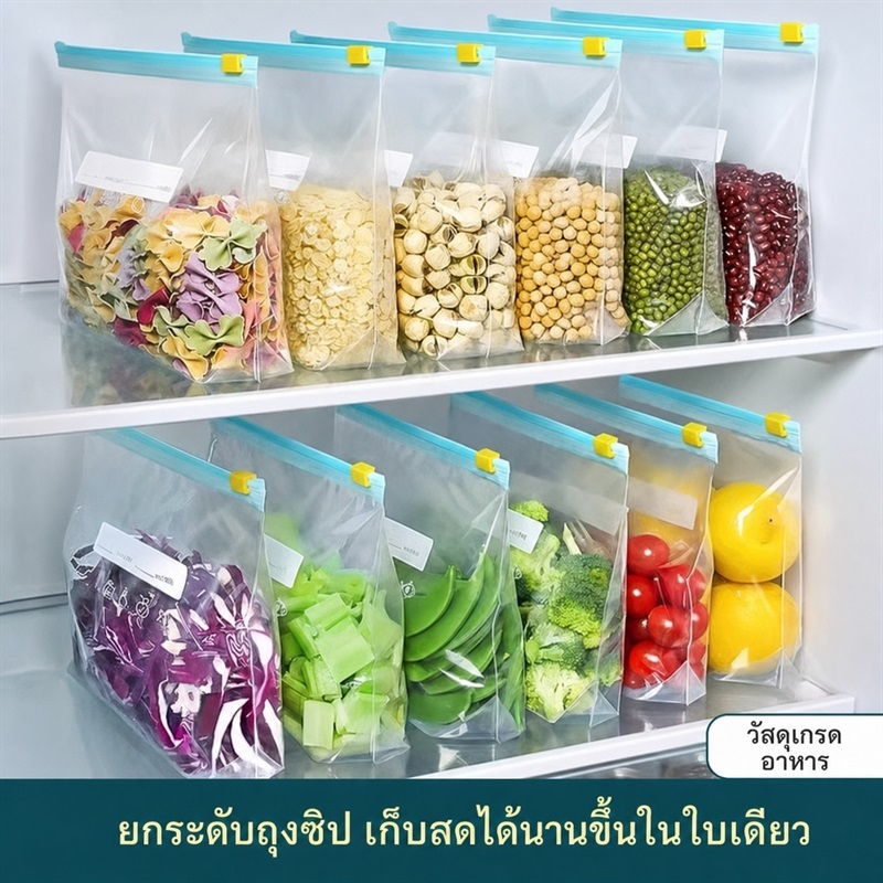 20 ใบ ถุงซิปพลาสติกเก็บอาหารเกรดอาหารแบบหนา สำหรับแช่เย็นและแช่แข็ง ทนความเย็น ปิดผนึกแน่น กันความชื้น มีหลายขนาด เหมาะสำหรับจัดเก็บอาหารสดและของเหลือในครัว ช่วยรักษาความสด ลดกลิ่นและการรั่วซึม ใช้งานง่าย จัดเก็บเป็นระเบียบ เหมาะสำหรับใช้ในครัวเรือนทุกวัน