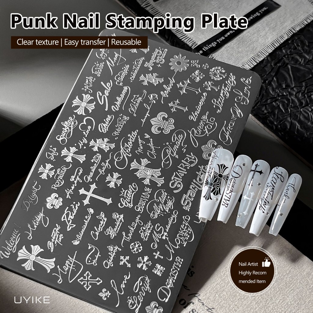 UYIKE แผ่นปั๊มเล็บ Punk ใหม่, เทมเพลตพิมพ์ตัวอักษรภาษาอังกฤษแบบวินเทจซิลิโคนแบบใช้ซ้ําได้