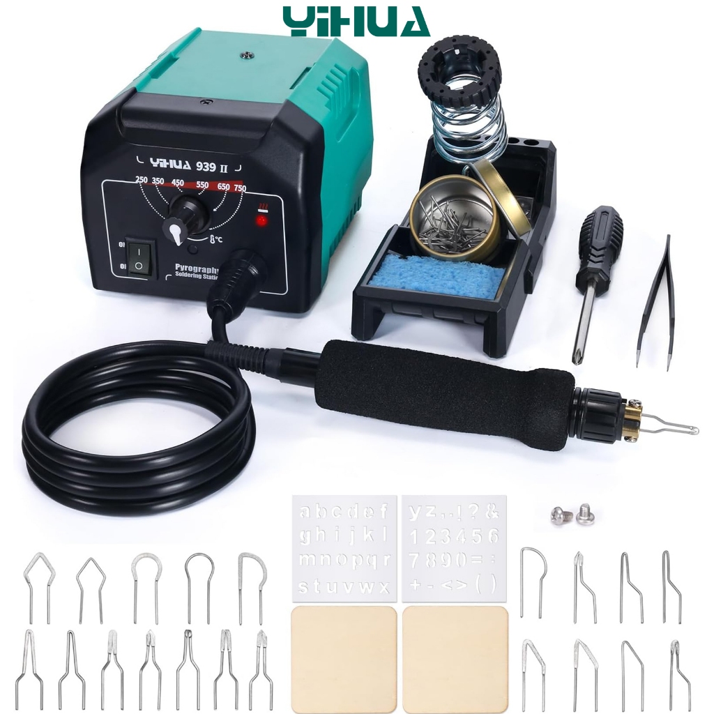 YIHUA 939-II Pyrography เครื่องมือ 150W Digital Wood Burning Kit สถานีบัดกรี 250 ~ 750℃/482~1382℉ ปรับอุณหภูมิได้ด้วยปลายปากกาลวด20เส้น