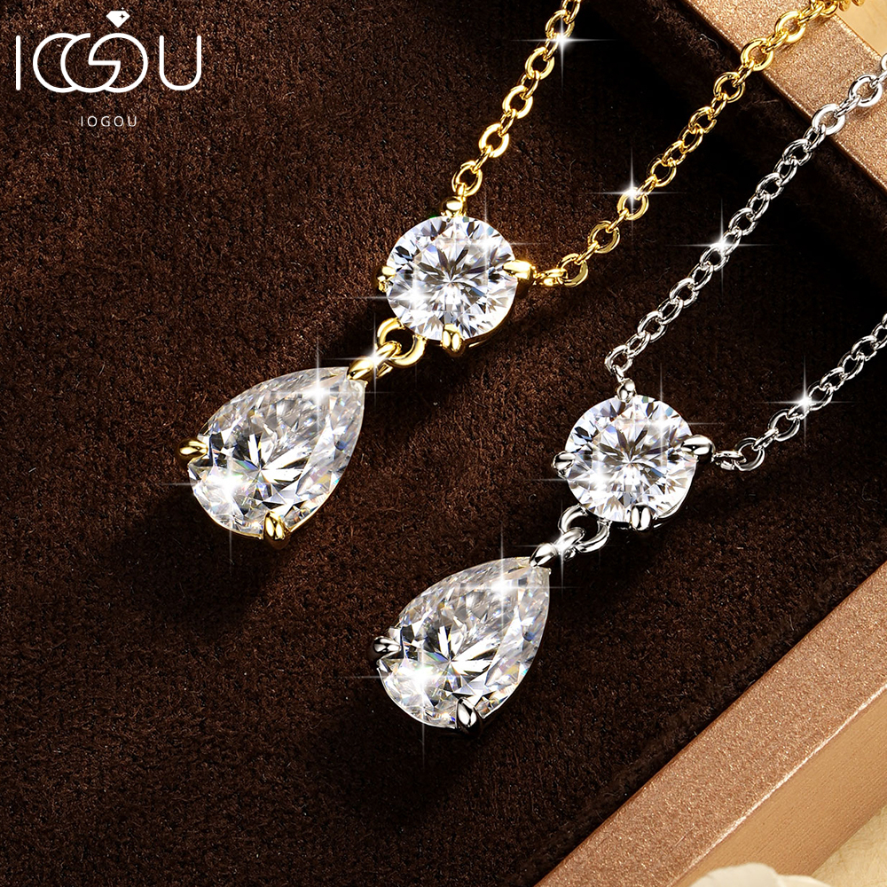 IOGOU GRA ได้รับการรับรอง Moissanite จี้สร้อยคอผู้หญิง D สี VVS1 Pear & Round Cut 2-Stone Prong Sett