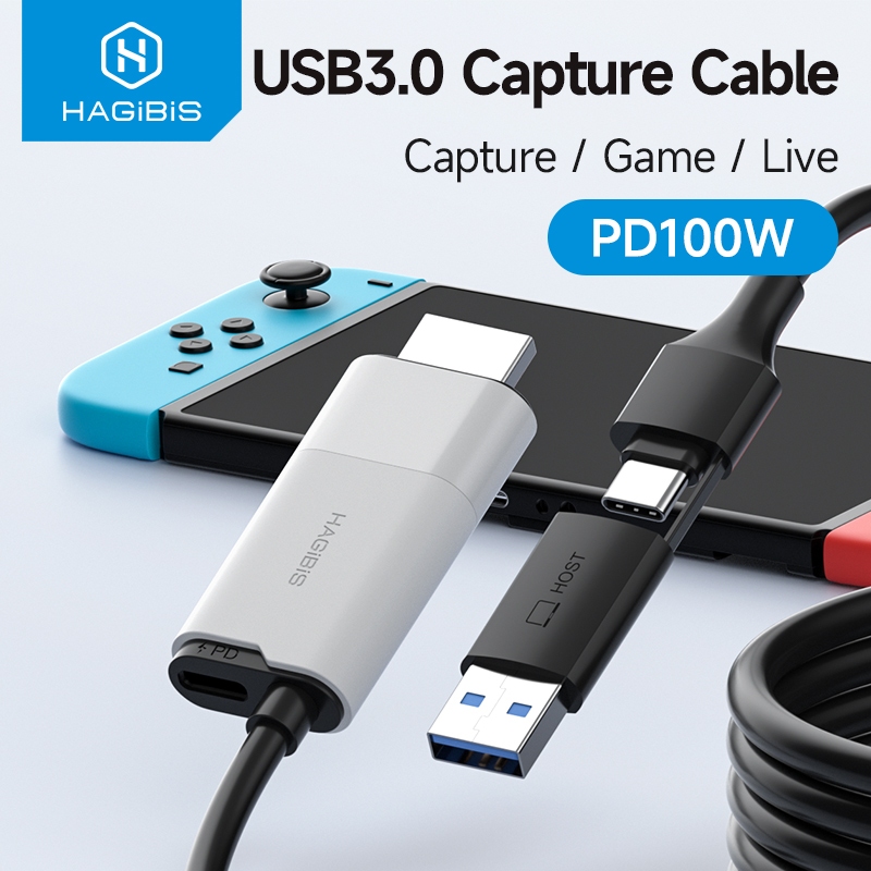 Hagibis USB 3.0 การ์ดจับภาพวิดีโอ HDMI to USB-A/Type-C Capture Cable PD 100W สําหรับ Quest 3 Switch Gaming Live Streaming Recorder
