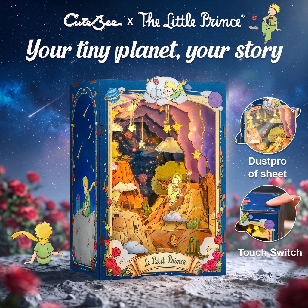CUTEBEE B-612 Planet & Rose Book Nook Kit DIY 3D ปริศนาไม้ Miniature Dollhouse LED Light ชั้นวางหนังสือแทรกตกแต่งของขวัญสําหรับผู้ใหญ่วัยรุ่น