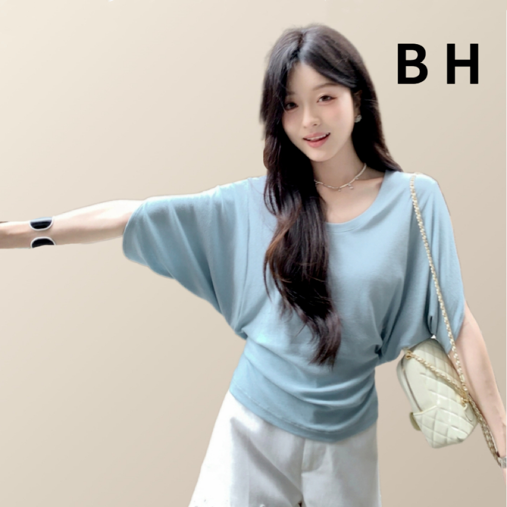 ข เสื้อยืดสตรีผ้าฝ้ายหลวมคอวีและแขนปีกค้างคาวและปิดเอวยืดหยุ่นสูง