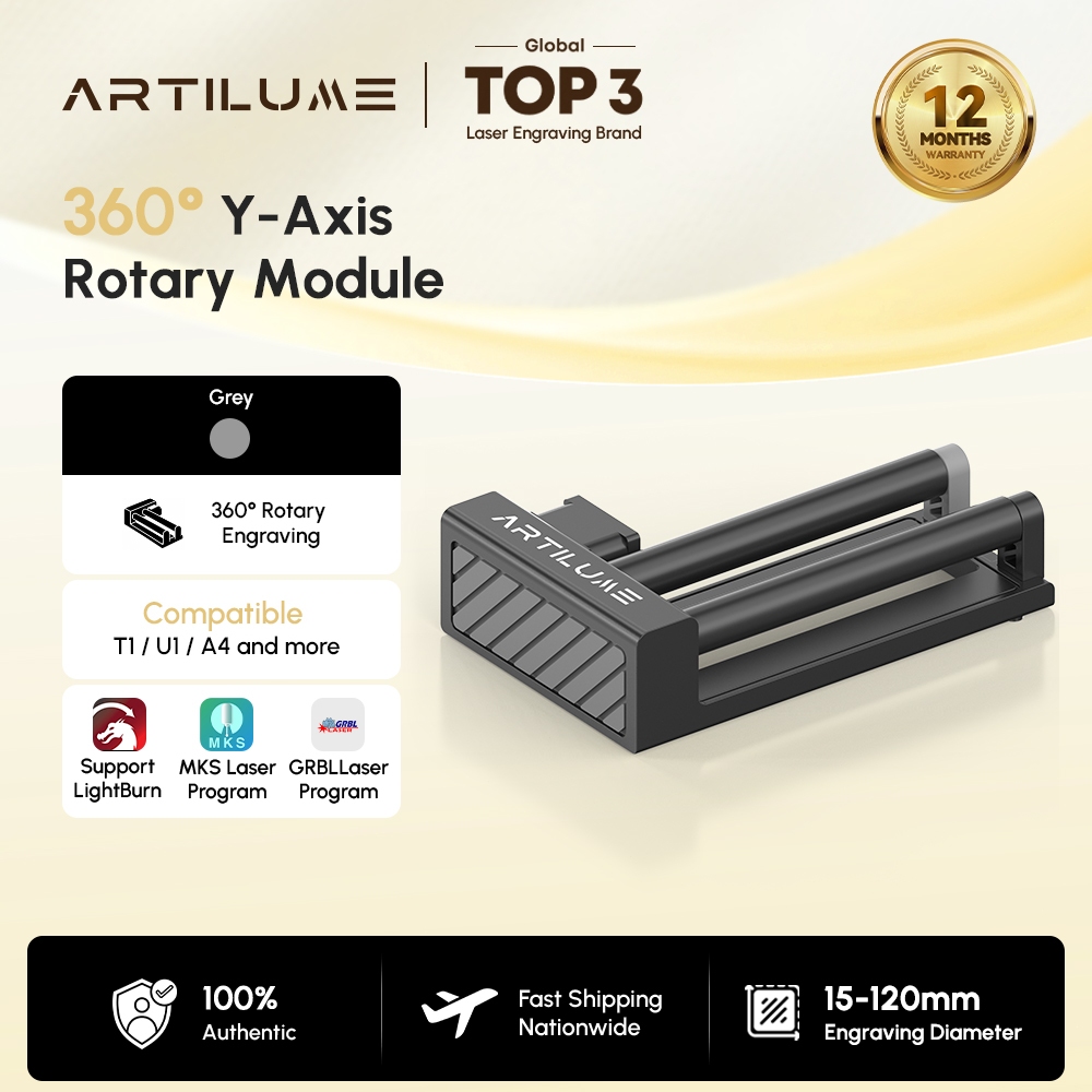 Artilume โรลเลอร์หมุนเลเซอร์ มอดูลหมุนแกน Y 360° สำหรับแกะสลักวัตถุทรงกระบอก แก้วเก็บความเย็น กระป๋อง ขวด เข้ากันได้กับ Artilume T1 และเครื่องแกะสลักส่วนใหญ่