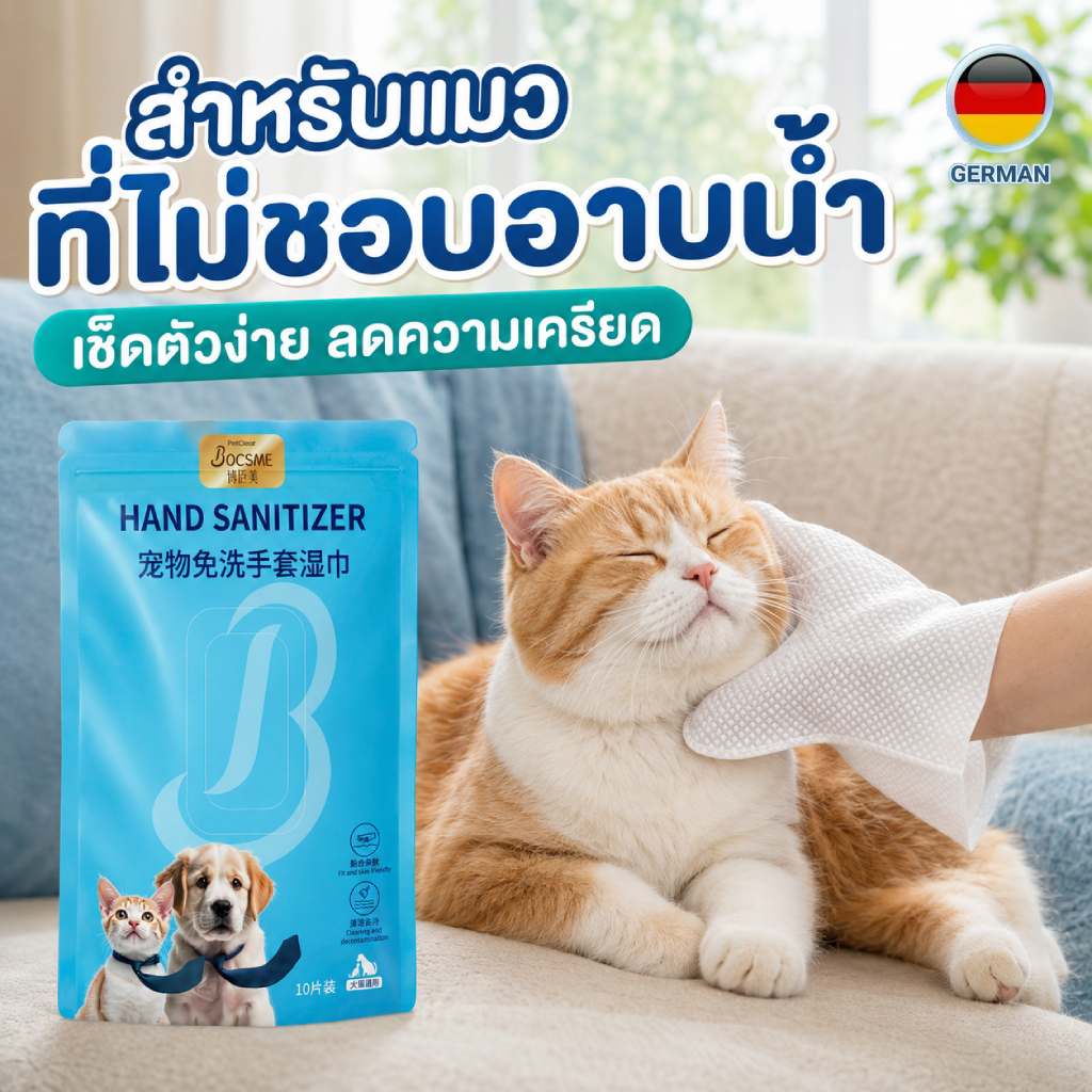 Pet Wipes Glove ถุงมือเช็ดขน เช็ดเท้า เช็ดก้น สำหรับสุนัขและแมว 10 แผ่น