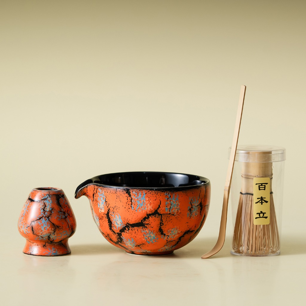 ชุดมัทฉะ 6 ชิ้น - Kiln Glaze Sunset Orange / Kiln Glaze Clear Sky Blue Bowl, Chasan Stand, Chashaku 