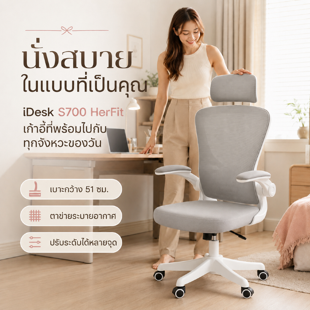 iDesk HerFit เก้าอี้เพื่อสุขภาพ Ergonomic Chair เก้าอี้ทำงาน ผู้หญิง รองรับคอ ปวดคอ ทำงานที่บ้าน สีเทา S700