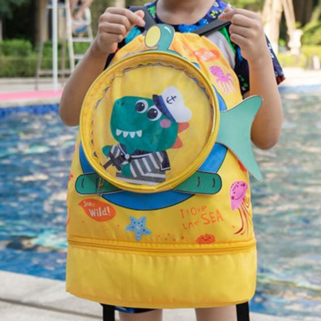 Kids Dinosaur Shark Drawstring Swim Backpack Dry Wet Separator Beach Bag อายุ 2-9