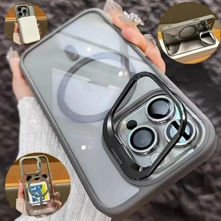 หรูหราแม่เหล็กกันกระแทกสําหรับiPhone 15 14 13 12 11 16 Pro Max 14 16 15 Plus 17 Pro Max Clearพร้อมขาตั้งเลนส์ป้องกันปลอกใส
