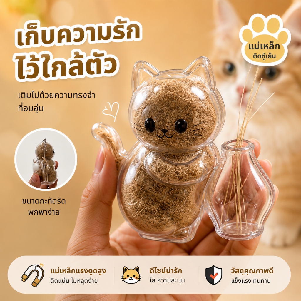 กล่องเก็บขนแมว กล่องเก็บหนวดแมว ทรงแมวใส แม่เหล็กติดตู้เย็น ของที่ระลึกแมว