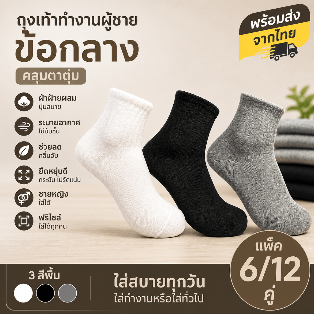 ถุงเท้าทำงานผู้ชาย ข้อกลางคลุมตาตุ่ม 6/12 คู่ สีพื้น ผ้าฝ้ายผสม ระบายอากาศ ช่วยลดกลิ่นอับ ใส่สบาย ฟรีไซส์ พร้อมส่ง