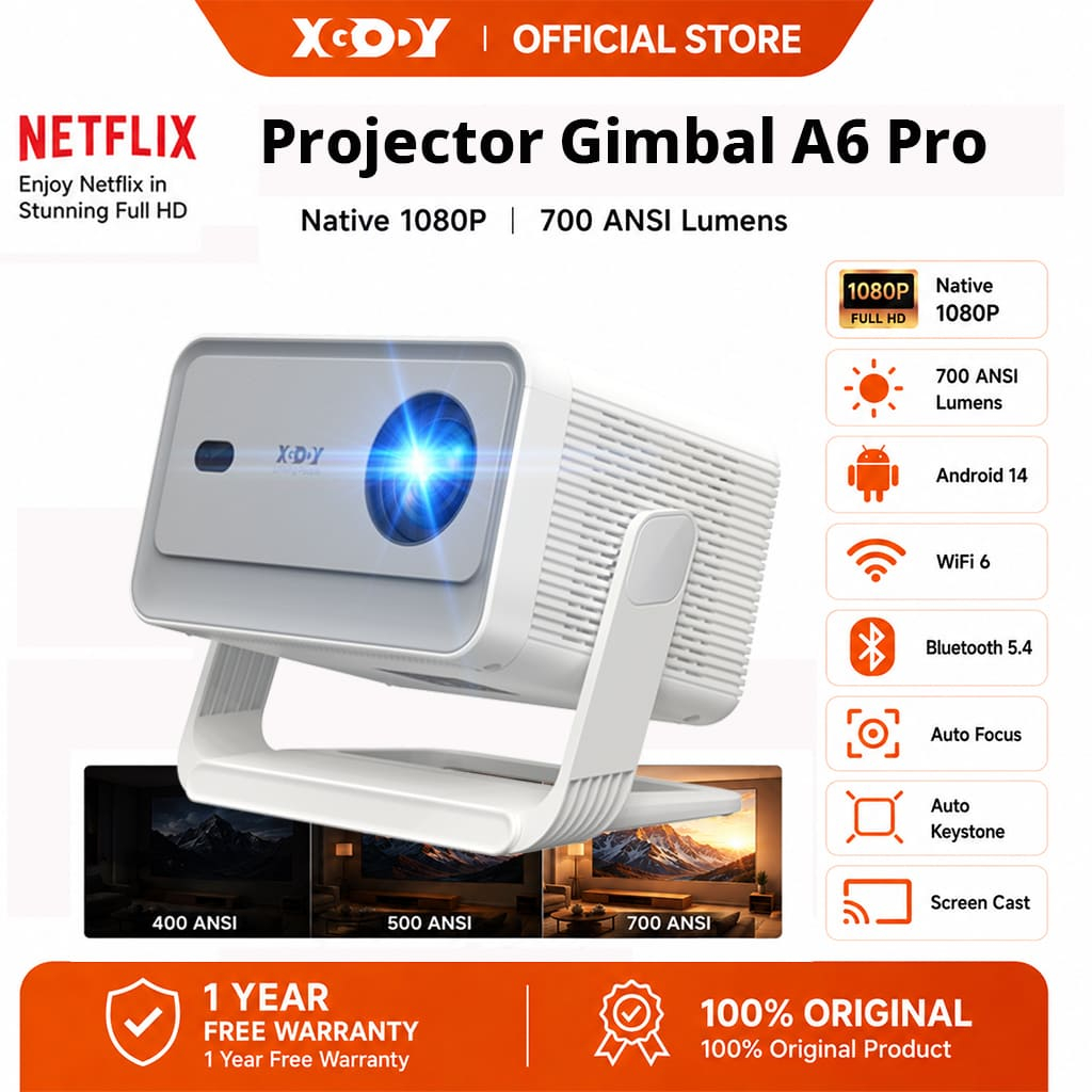 XGODY Gimbal A6 Pro โปรเจคเตอร์ ออโต้โฟกัส 4K Ultra HD 700 ANSI Android 14 WiFi 6 พกพาได้ รองรับ You