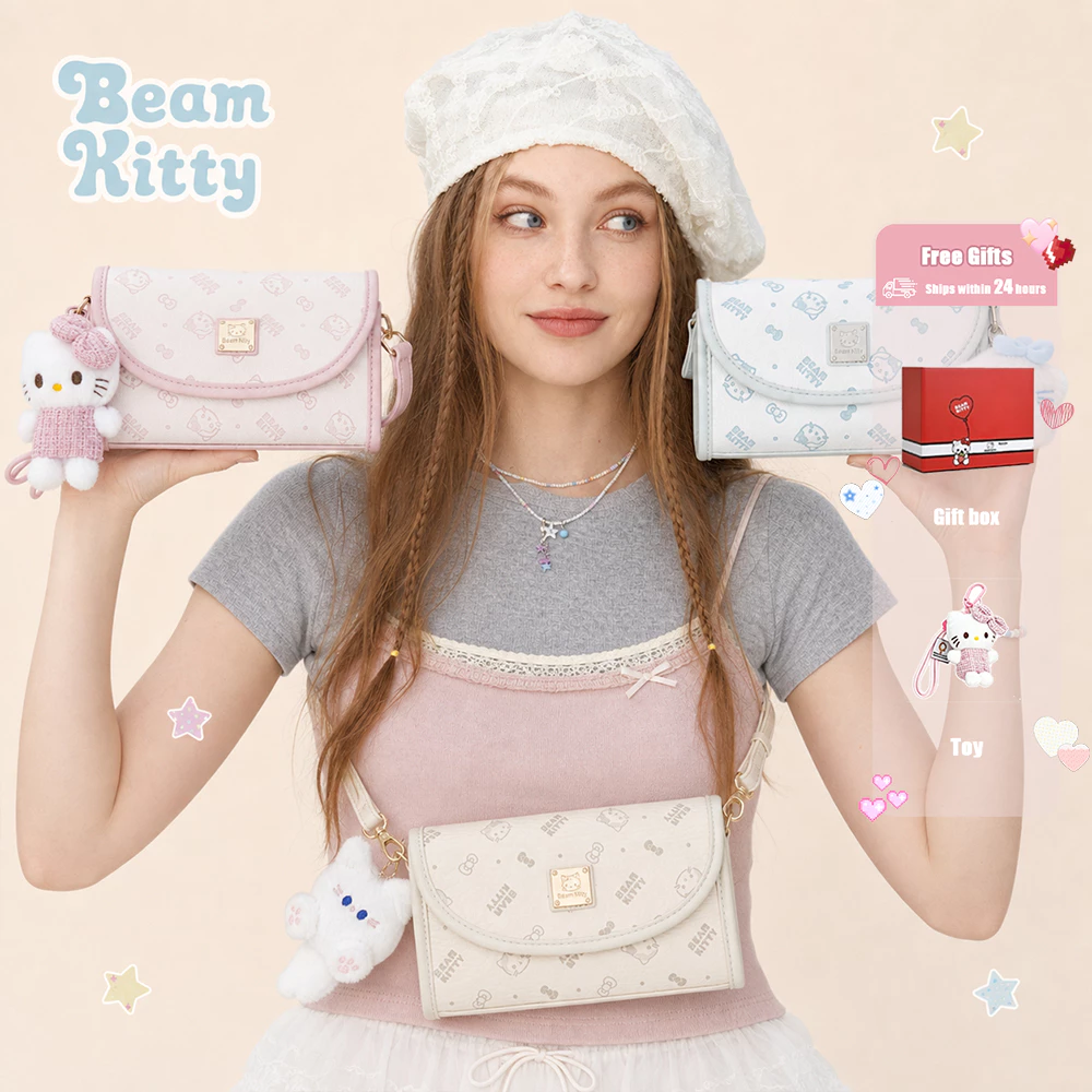 Beam Kitty กระเป๋าใบเล็กทรงสี่เหลี่ยมจัตุรัส ลายแมว ปิดด้วยแม่เหล็ก ปรับระดับสายสะพายได้ มาพร้อมพวงกุญแจน่ารัก