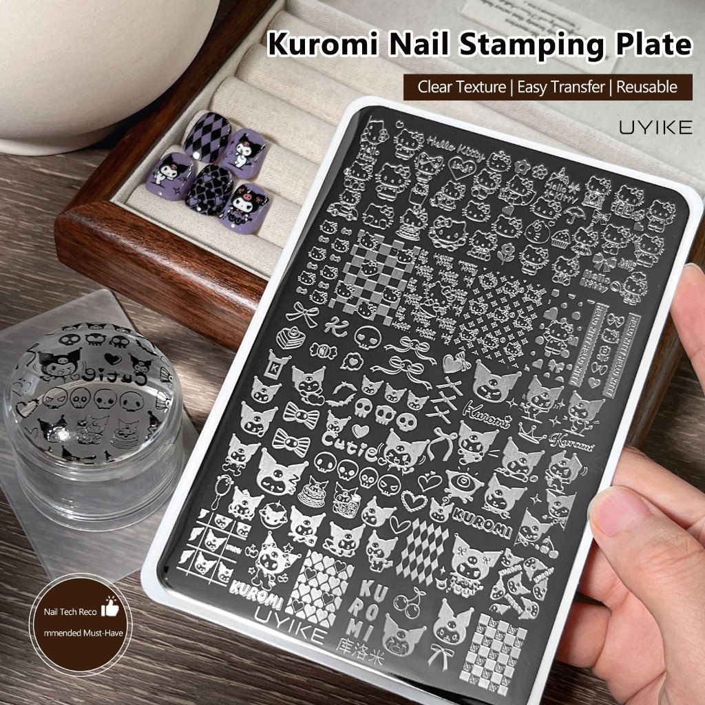 UYIKE แผ่นปั๊มเล็บลายการ์ตูนใหม่, รูปแบบ Kuromi & Hello Kitty, เครื่องมือแม่แบบถ่ายโอนแสตมป์ซิลิโคน