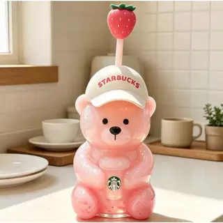 ★Ins Ins Starbucks 591ml สตรอเบอร์รี่เบสบอลหมวกหมีน้อยแก้วฟางถ้วยถ้วยน้ําถ้วยเครื่องดื่มInsสไตล์Influencerโปร่งใสยี่ห้อใหม่Starbucksสตรอเบอร์รี่หมีน้อยแก้วฟาง,591mlความจุขนาดใหญ่,วัสดุแก้ว