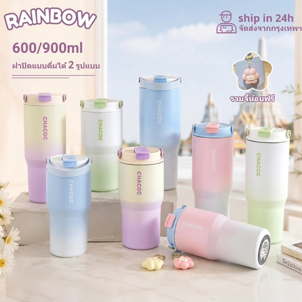 RAINBOW CUP แก้วเยติ  แก้วน้ํา การไล่ระดับ สแตนเลส 304 ใช้หลอดดูด ขวดน้ํา พกพา 600/900ml