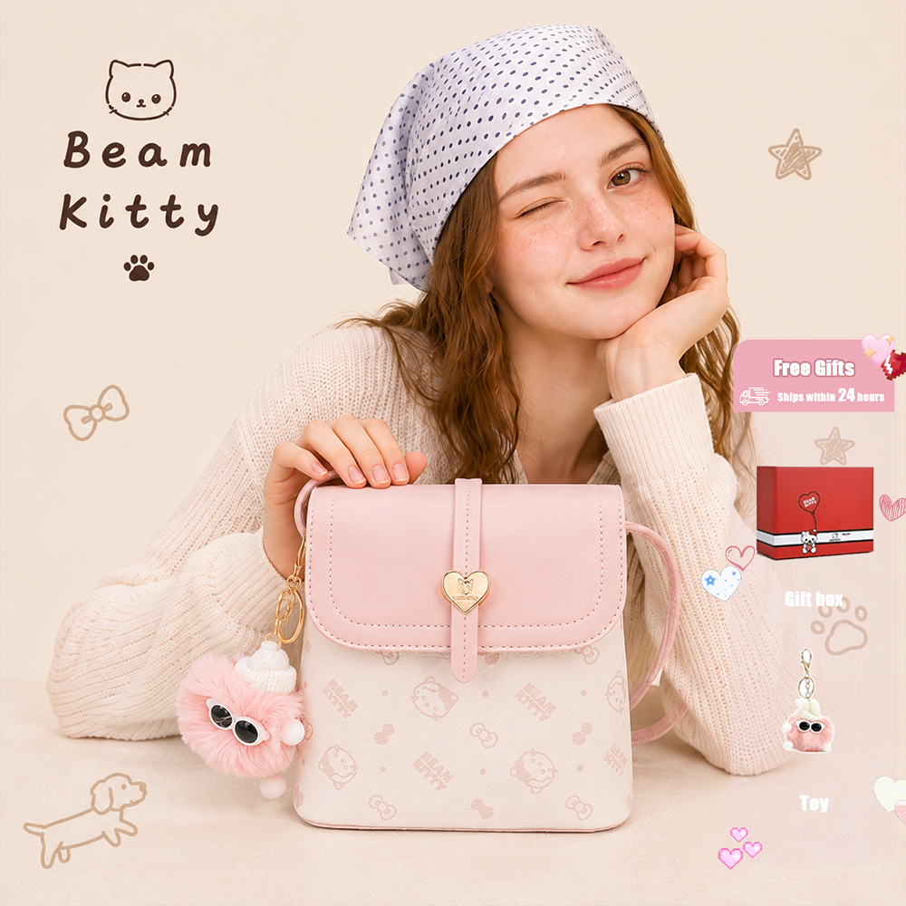 Beam Kitty กระเป๋าถือทรงถังสีสันสดใส เหมาะสำหรับฤดูใบไม้ผลิและฤดูร้อน กระเป๋าสะพายข้างน่ารัก มาพร้อมพวงกุญแจสุดน่ารัก