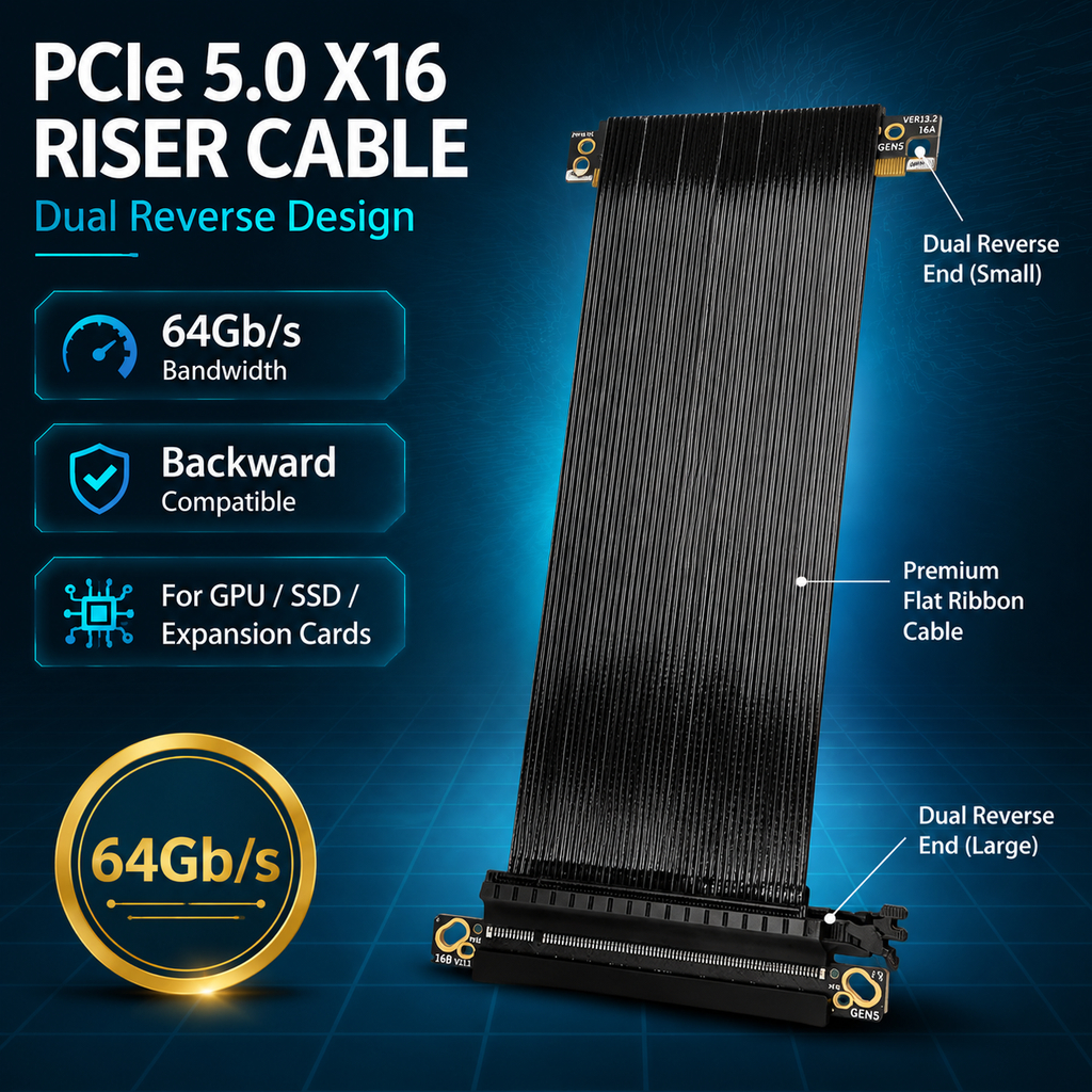 PCIe 5.0 X16 Riser Cable Double Reverse Flexible Ribbon Lossless GEN5 128Gbps สายต่อการ์ดจอ ITX A4 D