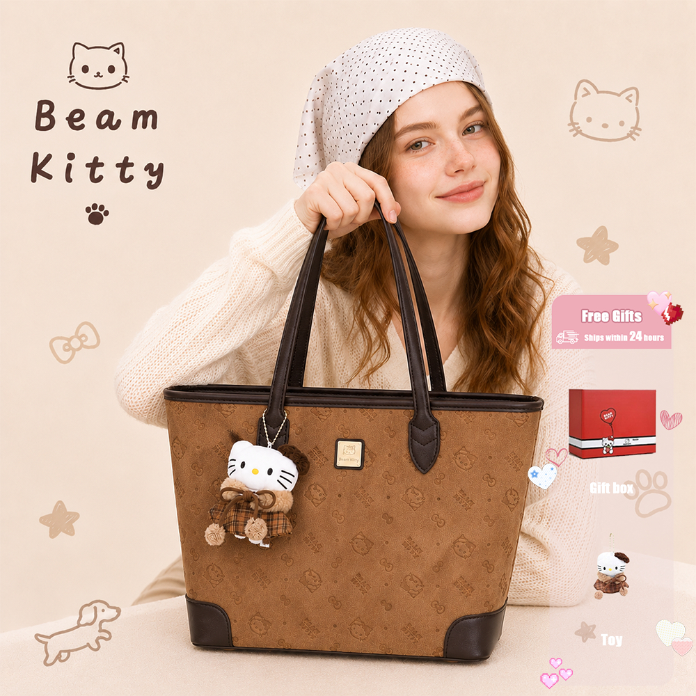 Beam Kitty กระเป๋าโท้ทสีน้ำตาลกาแฟสไตล์เรโทรสำหรับผู้หญิง