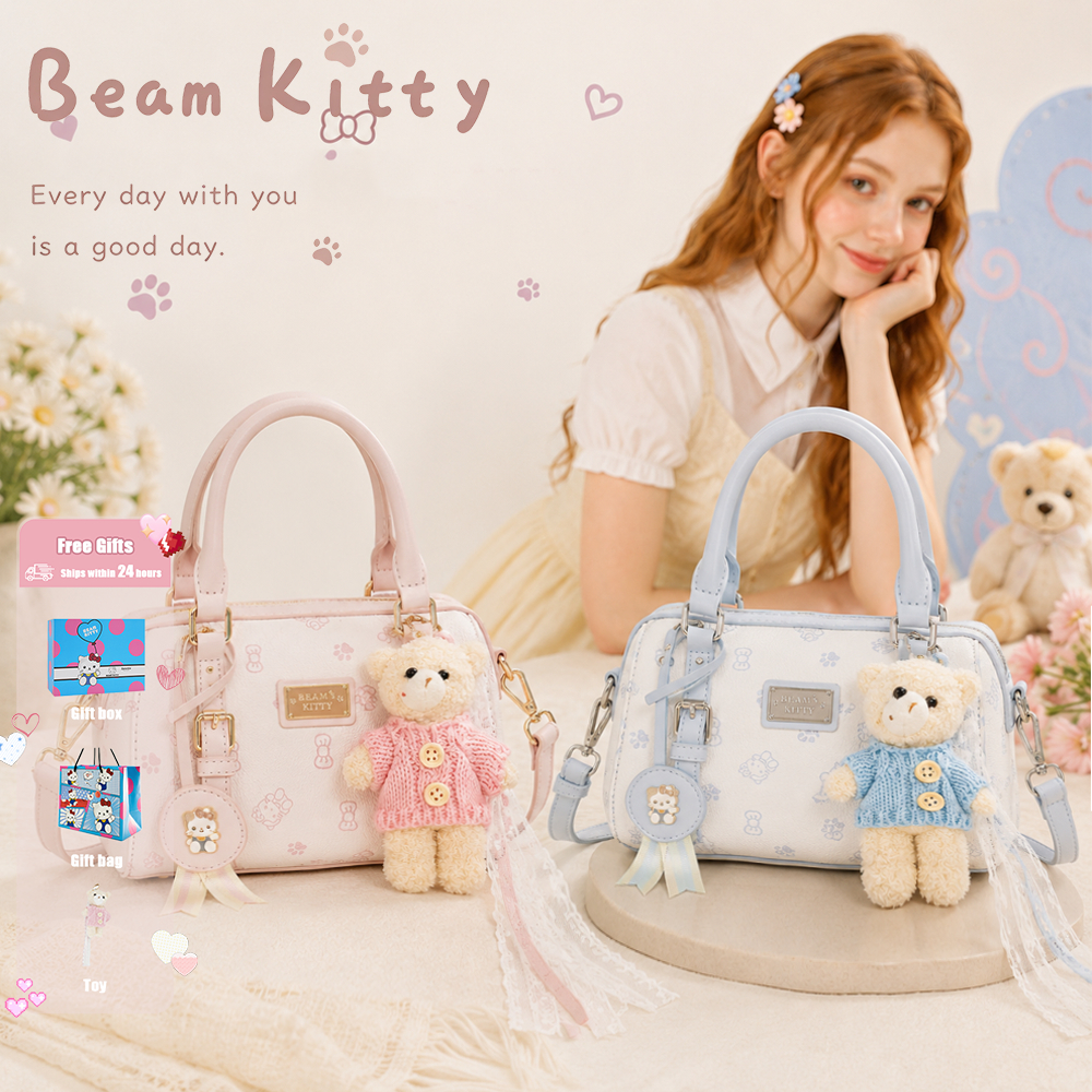 Beam Kitty กระเป๋าสะพายข้างสไตล์เกาหลี สีชมพู สำหรับเด็กผู้หญิง จี้หมีน่ารัก กระเป๋าอเนกประสงค์สำหรับผู้หญิง