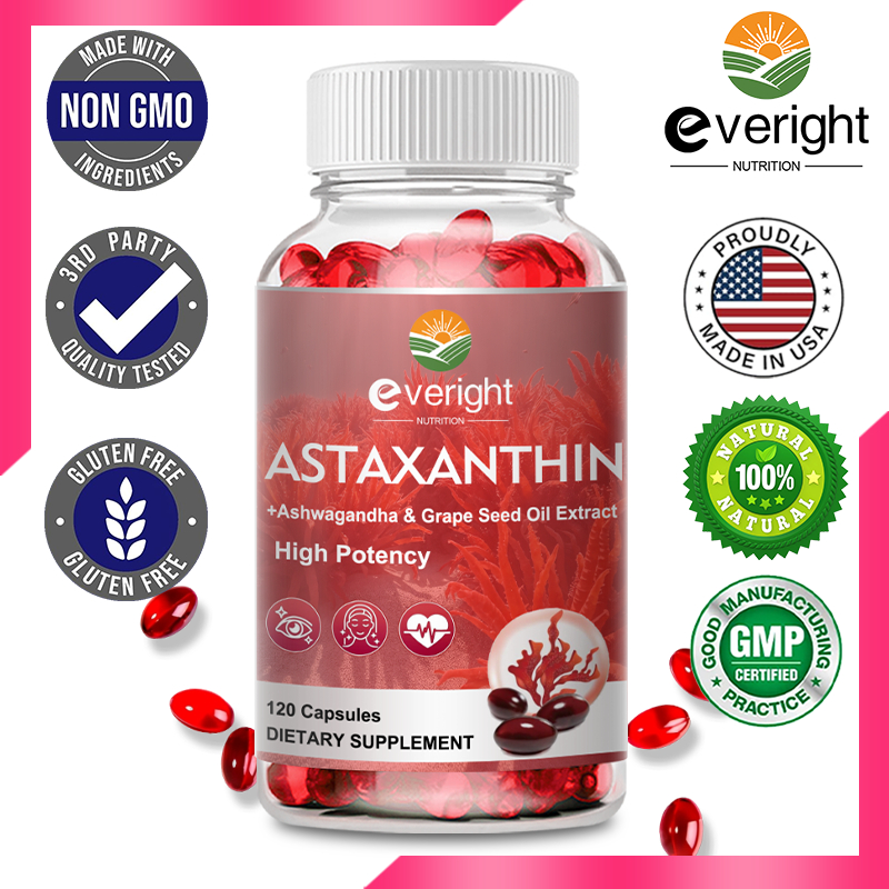 Astaxanthin 24mg อาหารเสริมน้ํามันเมล็ดองุ่น Ashwagandha สารต้านอนุมูลอิสระเพื่อสุขภาพ Aging Skin Heart Eyes