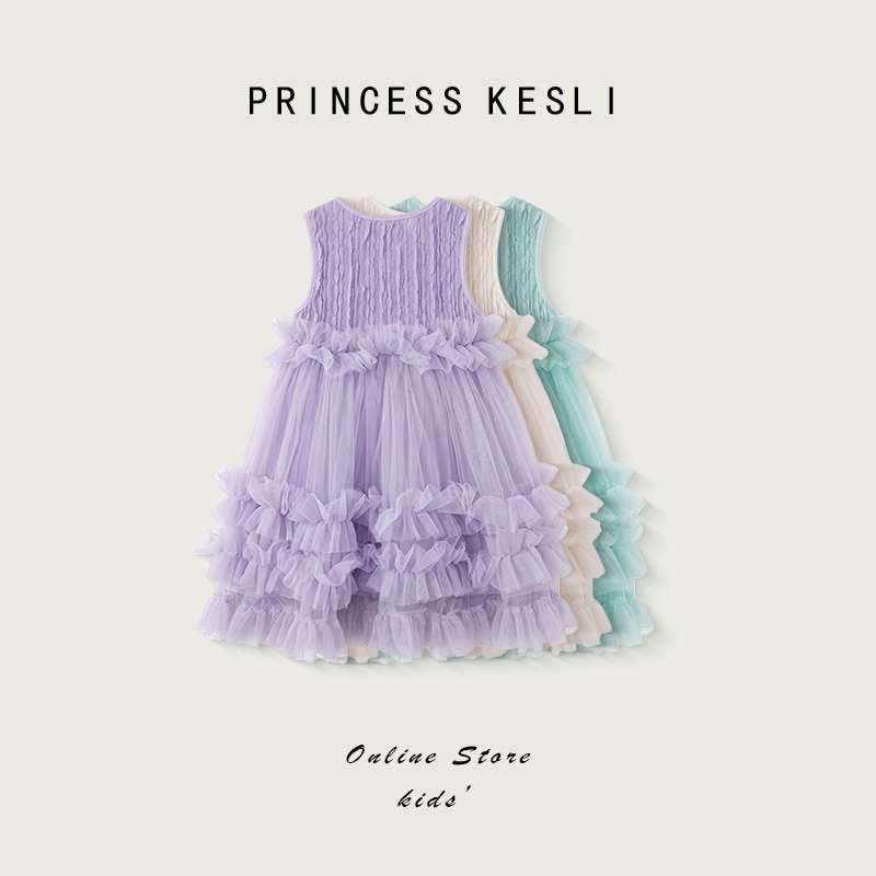 Princess Kesli ชุดเด็กผู้หญิง แถมโบว์ผม แขนกุด เดรสไปทะเล ชุดเจ้าหญิงเด็กผู้หญิง ผ้านุ่มลื่น 2-12 ปี