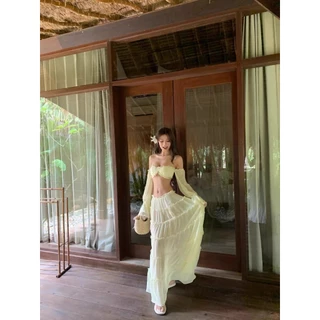 🌸ส่งไวจากไทย🌸ชุดว่ายน้ำผู้หญิง ชุดเซ็ตไปทะเล ปาดไหล่+กระโปรงยาวระบาย ผ้าชีฟองพริ้วๆ Summer Set