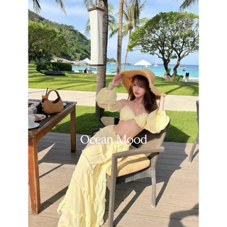 🌸ส่งไวจากไทย🌸ชุดว่ายน้ำผู้หญิง ชุดเซ็ตไปทะเล ปาดไหล่+กระโปรงยาวระบาย ผ้าชีฟองพริ้วๆ Summer Set