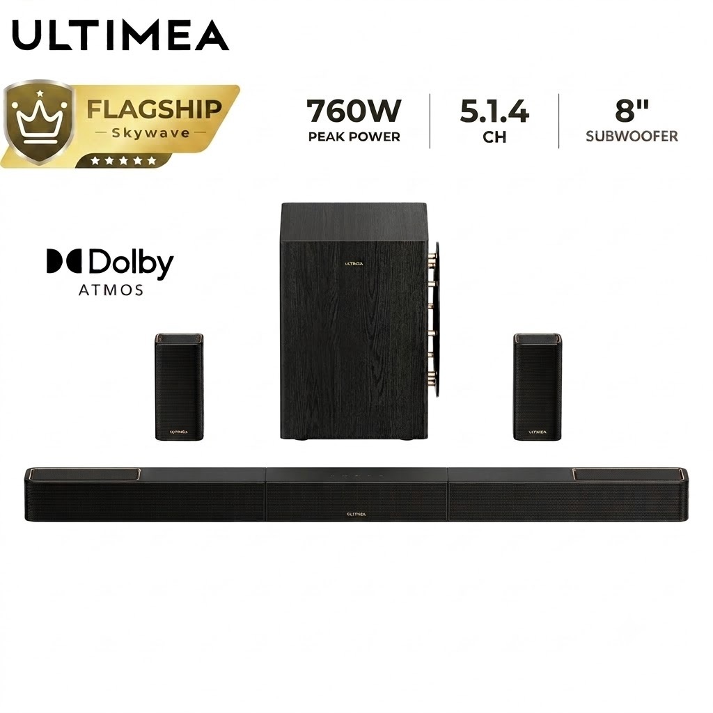 ULTIMEA Skywave Series 5.1.4 ch Soundbar พร้อมซับวูฟเฟอร์ไร้สายขนาด 8 นิ้ว | Dolby Atmos | เบสทรงพลัง |ระบบเสียงรอบทิศทางไร้สาย 360° | 760W