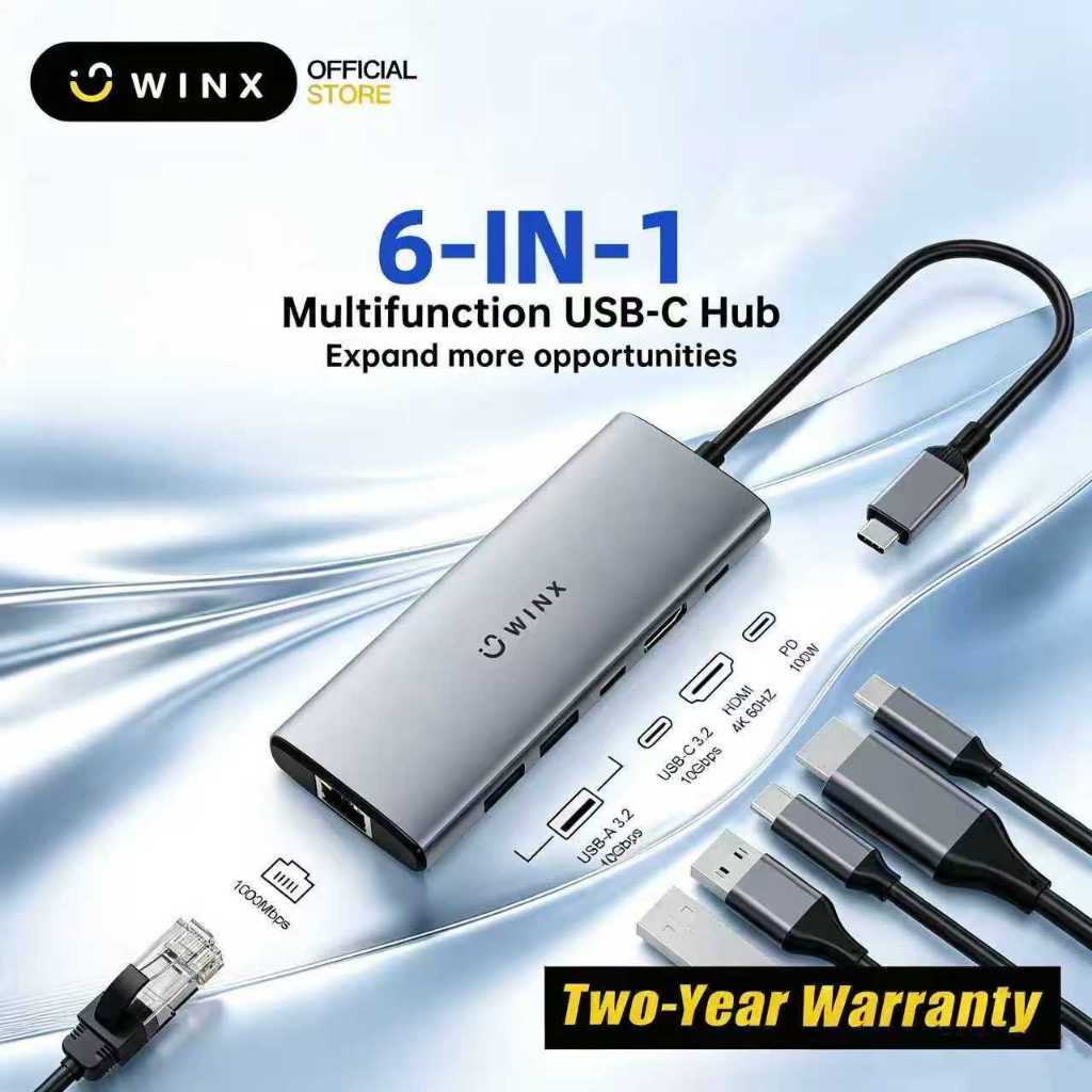 รับประกัน 2 ปีWINX 6-in-1 USB HUB Type-C HDMI 4K60Hz 100W Power Delivery USB3.1 (สูงสุด 10Gbps) อลูม