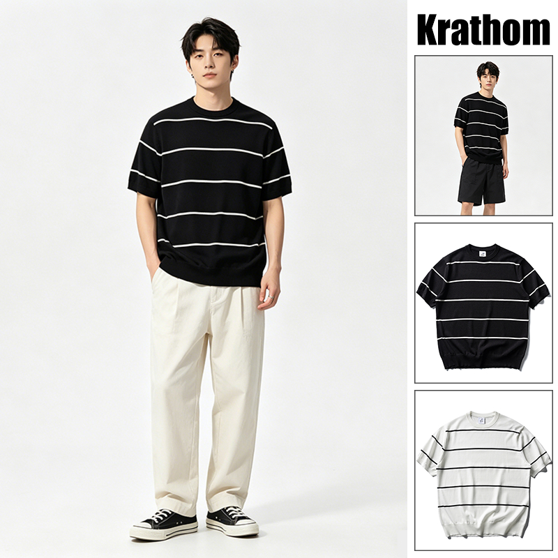 ผู้ชายฤดูร้อนเงินเก่าลายถักเสื้อแขนสั้นลําลองหลวมพอดีสบายระบายอากาศ