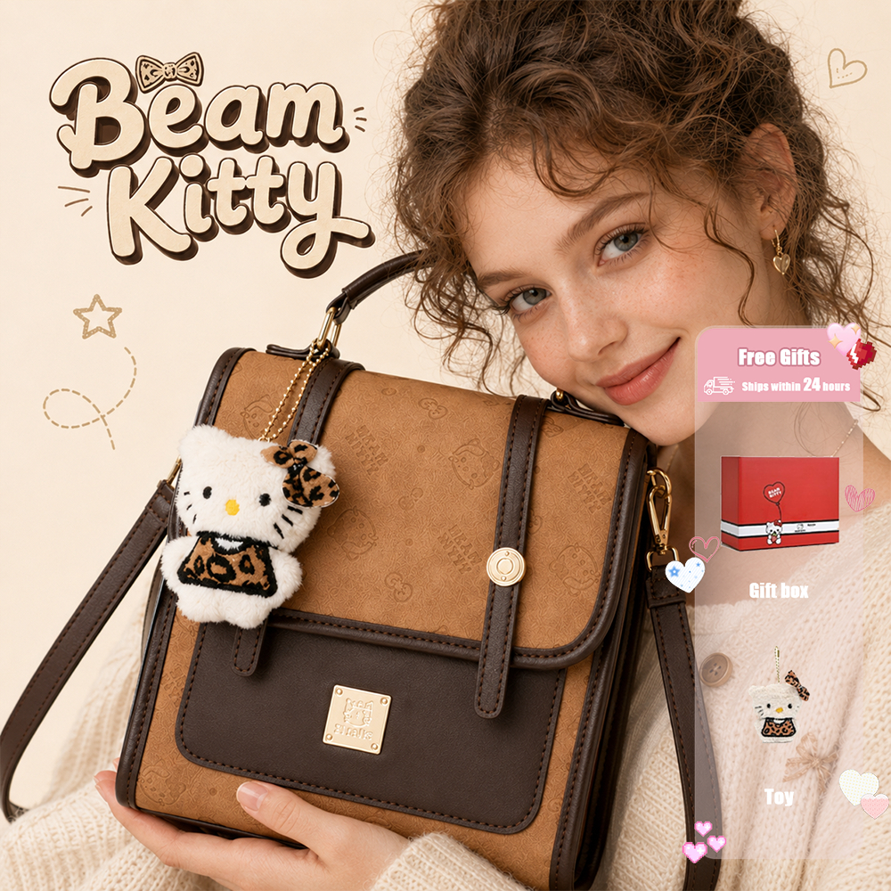 Beam Kitty กระเป๋าสี่เหลี่ยมเล็กสีชมพูครีม กระเป๋าเป้สุดน่ารักสำหรับเด็กผู้หญิง กระเป๋าผู้หญิงสไตล์เรียบร้อยน่ารัก