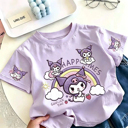 【จัดส่งภายใน 24 ชม.】COD เสื้อยืดเด็กแขนสั้น ลาย Kuromi การ์ตูน ผ้านุ่ม ใส่สบาย สำหรับเด็ก 3-12 ปี