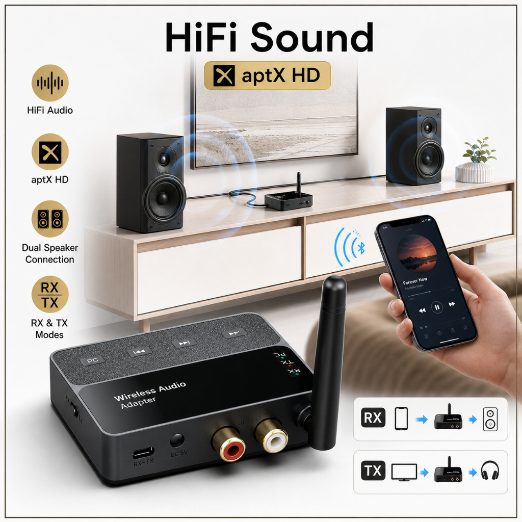 2In1 บลูทู ธ 6.0 aptX / HD / SBC อะแดปเตอร์เสียง 3.5 มม. AUX รับสเตอริโอไร้สาย