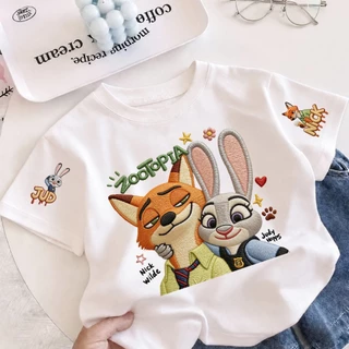 COD เสื้อยืดเด็กแขนสั้น ลาย Nick & Judy จาก Zootopia ผ้า Sorona นุ่ม เหมาะสำหรับเด็กอายุ 3-12 ปี