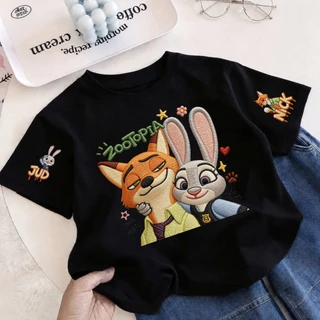 COD เสื้อยืดเด็กแขนสั้น ลาย Nick & Judy จาก Zootopia ผ้า Sorona นุ่ม เหมาะสำหรับเด็กอายุ 3-12 ปี