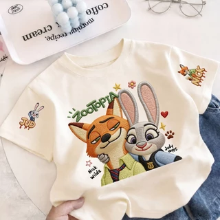COD เสื้อยืดเด็กแขนสั้น ลาย Nick & Judy จาก Zootopia ผ้า Sorona นุ่ม เหมาะสำหรับเด็กอายุ 3-12 ปี