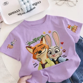 COD เสื้อยืดเด็กแขนสั้น ลาย Nick & Judy จาก Zootopia ผ้า Sorona นุ่ม เหมาะสำหรับเด็กอายุ 3-12 ปี