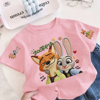 COD เสื้อยืดเด็กแขนสั้น ลาย Nick & Judy จาก Zootopia ผ้า Sorona นุ่ม เหมาะสำหรับเด็กอายุ 3-12 ปี