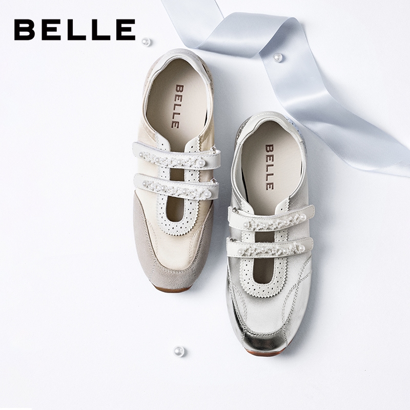Pearl Ballet | BELLE Sport Ballet Mary Jane Sneakers รองเท้าผ้าใบบัลเลต์แมรี่เจน ประดับมุก สีเงิน ตีนตุ๊กแก พื้นบาง ใส่ลำลอง B3124