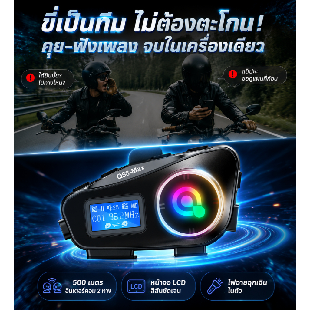 หูฟังบลูทูธสำหรับหมวกกันน็อค Q58Max อุปกรณ์เชื่อมต่อเสียงสำหรับขับขี่มอเตอร์ไซค์ หูฟังเชื่อมต่อกับหม