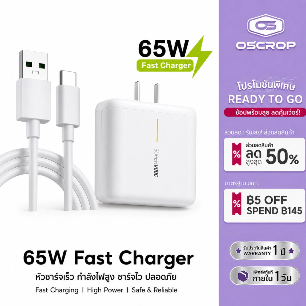 65W สายชาร์จ type c หัวชาร์จ Super Fast Charge 65W Adapter + TypeC Fast Charge หัวชาร์จ (รับประกัน 1