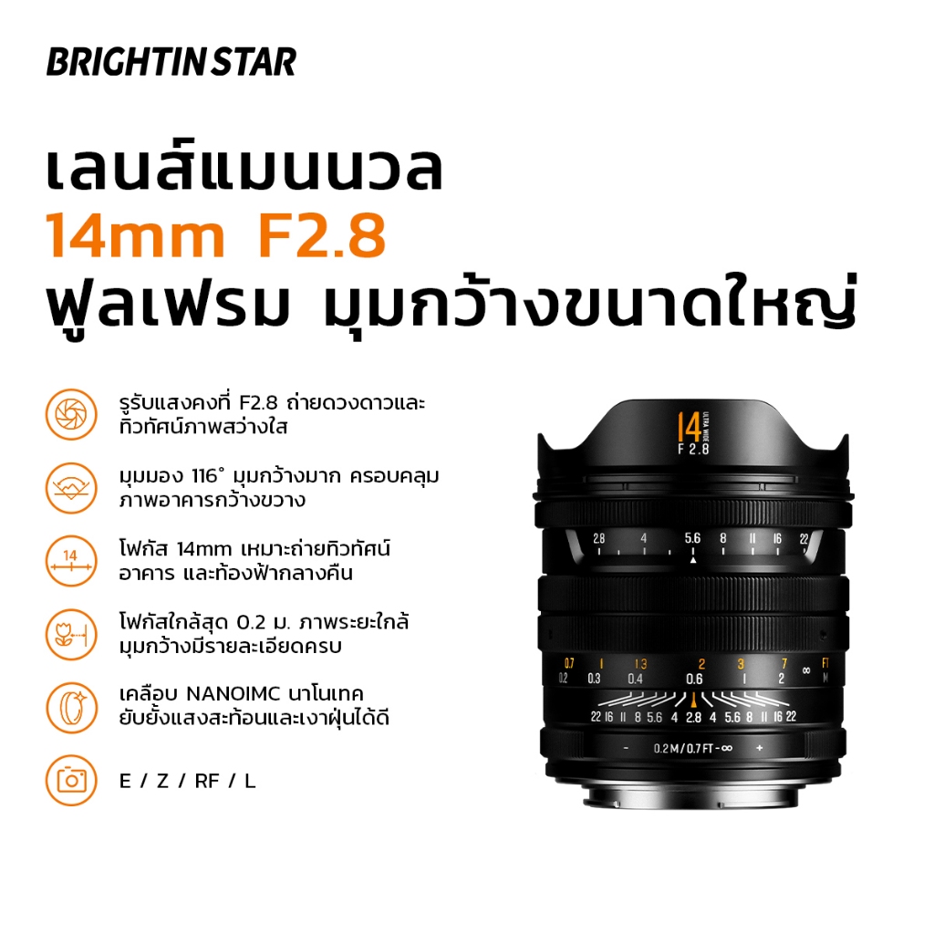 Brightin Star MF 14mm F2.8 Full Frame เลนส์มุมกว้าง สำหรับกล้อง Mirrorless