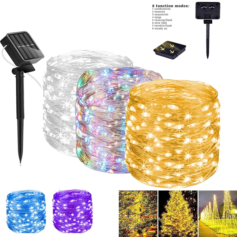 สายไฟทองแดงพลังงานแสงอาทิตย์ 8 โหมดกลางแจ้งกันน้ํา LED ไฟนางฟ้าสําหรับลานสวนต้นคริสต์มาสงานแต่งงานตก