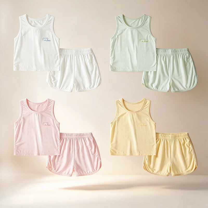 EcoCosy (วัสดุธรรมชาติ) อายุ 1-9 ปี ชุดนอนกางเกงขาสั้นเสื้อกั๊กเด็กbubabyชุดเสื้อกล้ามเสื้อรูเด็กพร้อมกางเกงชุดนอนเด็กผู้ชายขาสั้น