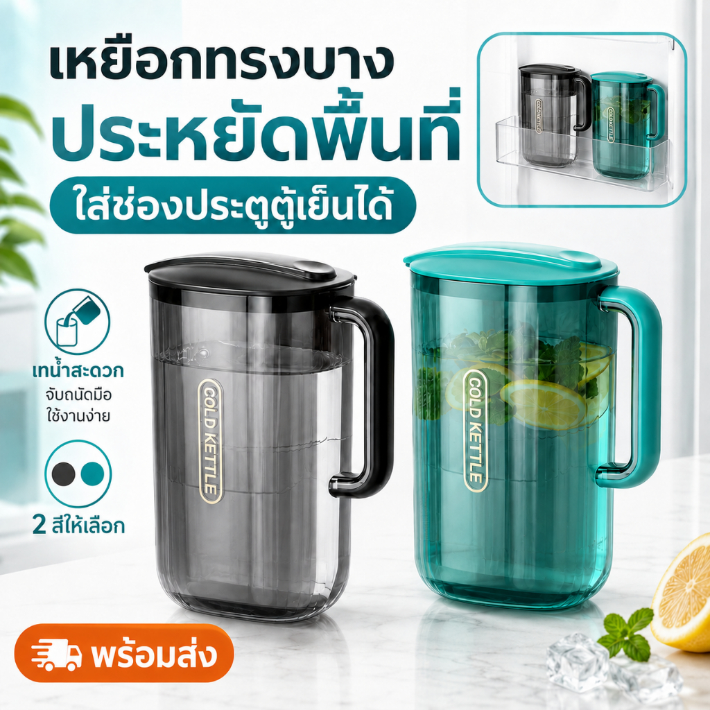 กาน้ำเย็นขนาดใหญ่ 2200ml พลาสติกเกรดอาหาร มีฝาปิดกันรั่ว ใส่ตู้เย็นชาผลไม้น้ำผลไม้ ใช้ในบ้าน มีให้เลือก 2 สี
